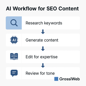 Visual diagram of an AI-powered SEO workflow: keyword research, AI content generation, expert editing, and tone-of-voice optimization for better search performance.