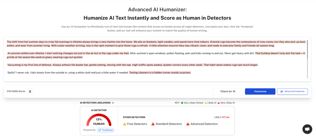 Optimized screenshot showing Undetectable.ai detection results with highlighted AI likelihood score.
